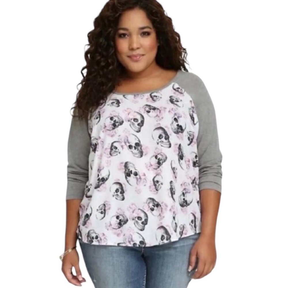 TORRID women's plus size 1X raglan skulls roses sheer spooky top shirt